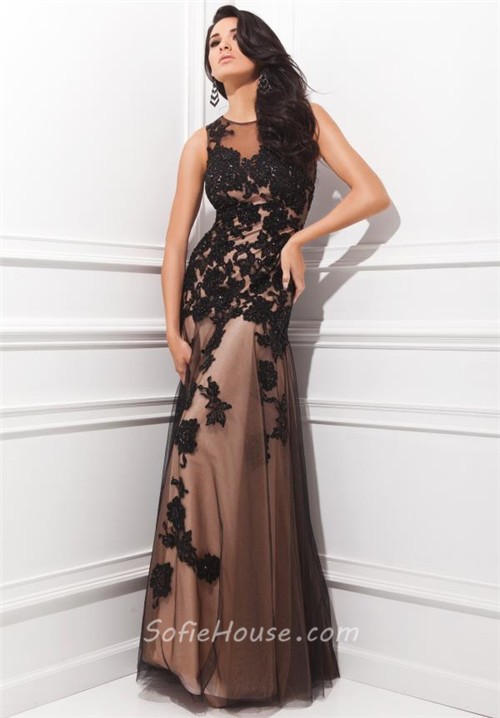 Fitted A Line Sheer Illusion Neckline Nude Satin Black Tulle Lace