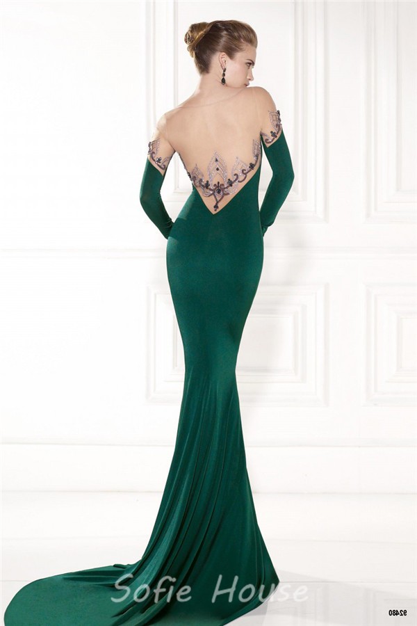 Sexy Mermaid Illusion Neckline Tulle Beaded Green Jersey Long Sleeve