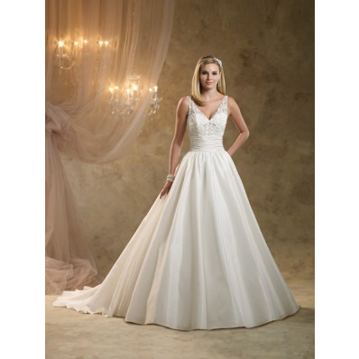 Ball Gown Deep V Neck Sleeveless Ivory Ruched Taffeta Wedding Dress With Lace