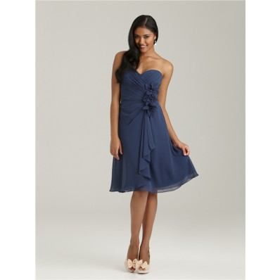 A line sweetheart knee length short navy blue chiffon bridesmaid dress with flowers and ruffles