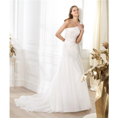 A Line Asymmetrical One Shoulder Draped Tulle Lace Beaded Wedding Dress