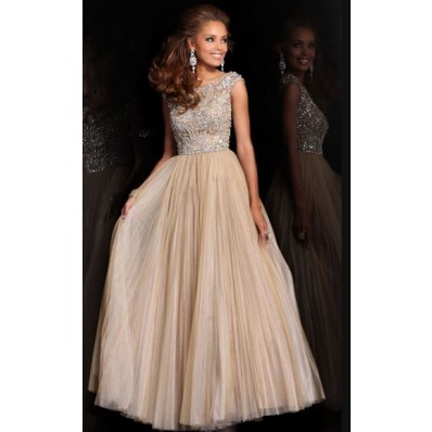 A Line Bateau Neck Cap Sleeve Long Champagne Pleated Tulle Beading Prom Dress V Back