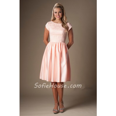 A Line Bateau Neck Cap Sleeves Pearl Pink Satin Lace Short Bridesmaid Dress