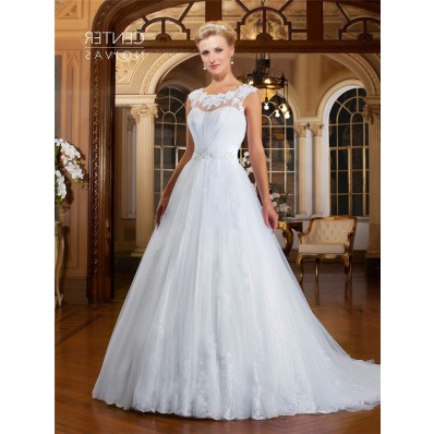 A Line Bateau Neckline Sheer Back Tulle Lace Beaded Wedding Dress With Buttons