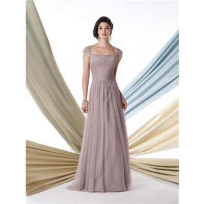 A Line Cap Sleeve Coffee Chiffon Mother Of The Bride Formal Evening Dress