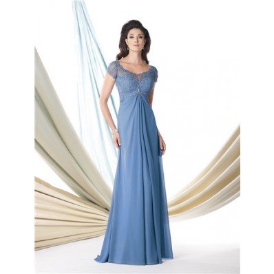 A Line Cap Sleeve Empire Waist Blue Chiffon Lace Mother Of The Bride Evening Dress