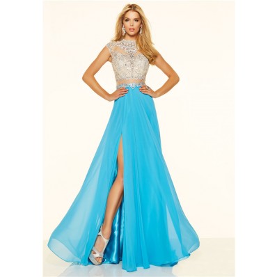 A Line Cap Sleeve High Slit Long Blue Chiffon Beaded Two Piece Prom Dress