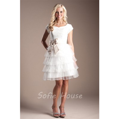 A Line Cap Sleeve Short White Tulle Tiered Modest Prom Dress With Bow Sash