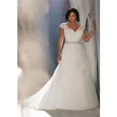 A Line Cap Sleeve V Neck Organza Lace Beaded Plus Size Wedding Dress With Buttons