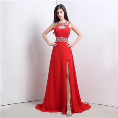 A Line Cut Out High Slit Long Red Chiffon Beaded Prom Dress With Straps