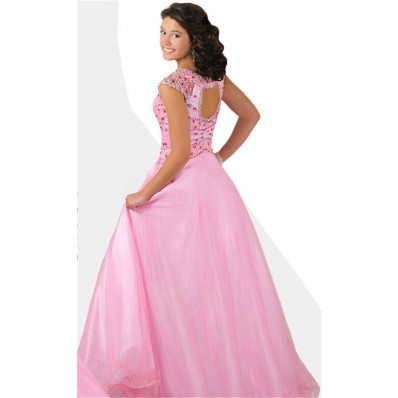 A Line Cut Out Open Back Cap Sleeve Long Light Pink Tulle Beaded Teen Prom Dress