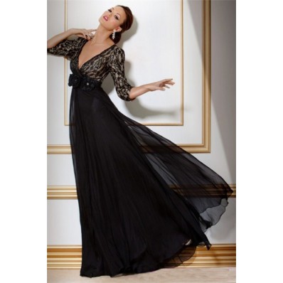 A Line Deep V Neck Empire Waist Long Black Chiffon Lace Women Evening Dress