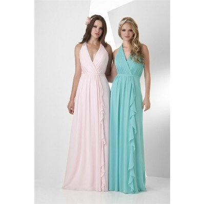 A Line Halter Long Turquoise Chiffon Ruffle Wedding Guest Bridesmaid Dress With Belt