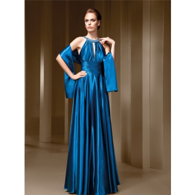 A Line High Neck Front Cut Out Open Back Blue Satin Draped Evening Dress With Shawl