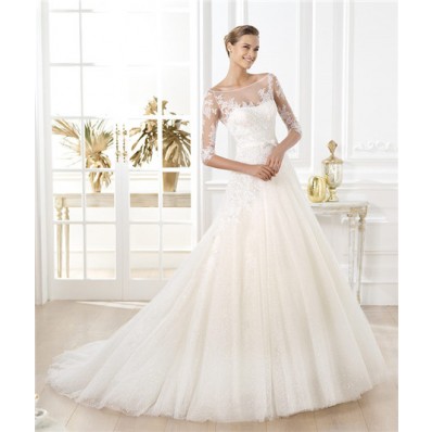 A Line Illusion Bateau Neckline Short Sleeve Glitter Tulle Lace Wedding Dress