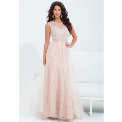A Line Illusion Neckline Cap Sleeve Long Peach Lace Tulle Beaded Prom Dress