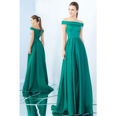 A Line Off The Shoulder Jade Green Satin Pleated Evening Prom Dress