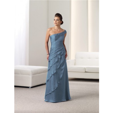 A Line One Shoulder Blue Chiffon Ruched Mother Of The Bride Occasion Evening Dress