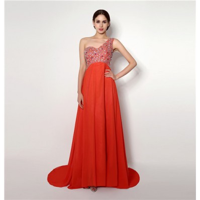 A Line One Shoulder Empire Waist Open Back Long Coral Chiffon Prom Dress