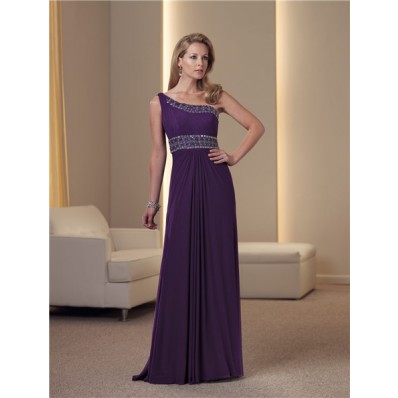 A Line One Shoulder Purple Chiffon Beaded Mother Of The Bride Occasion Evening Dress