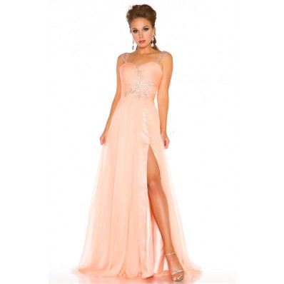 A Line Princess Long Peach Chiffon Beaded Homecoming Prom Dress With Straps