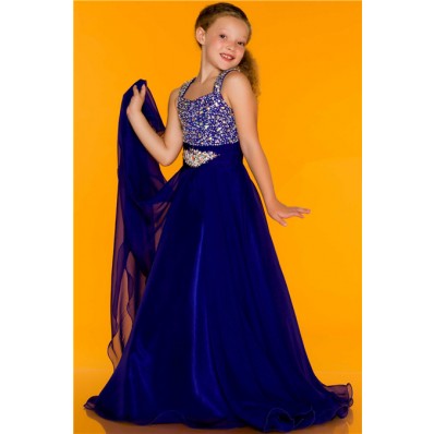 A Line Princess Royal Blue Chiffon Beaded Little Flower Girl Evening Prom Dress