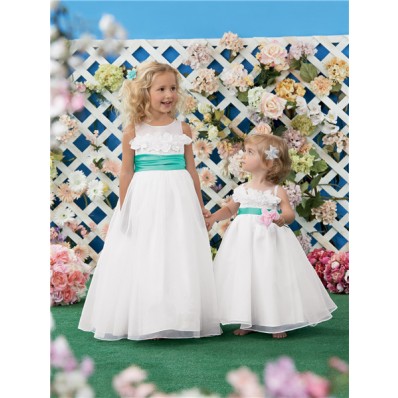 A Line Princess Scoop White Organza Green Sash Wedding Flower Girl Dress With Flowers