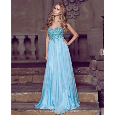 A Line Princess Sweetheart Empire Waist Long Blue Chiffon Draped Prom Dress With Beading