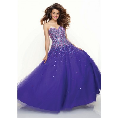 A-Line/Princess Sweetheart Floor Length royal blue beaded tulle prom dress with corset