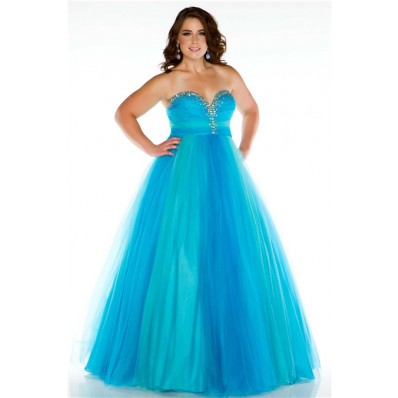 A Line Princess Sweetheart Long Blue Tulle Beaded Plus Size Evening Prom Dress