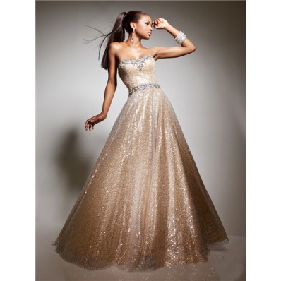 A Line Princess Sweetheart Long Champagne Nude Sequin Prom Dress Beading Rhinestones
