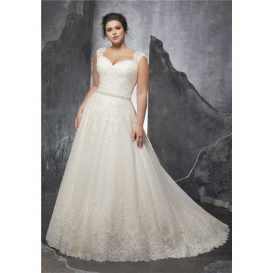 A Line Queen Anne Neckline Tulle Lace Plus Size Wedding Dress With Straps