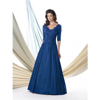 A Line Scalloped Neck Royal Blue Taffeta Lace Sleeve Mother Of The Bride Evening Dress