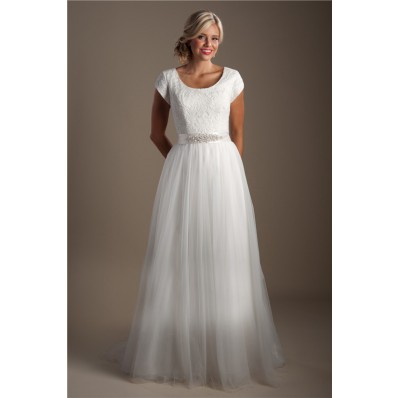 A Line Scoop Neck Cap Sleeve Lace Tulle Modest Wedding Dress With Sash