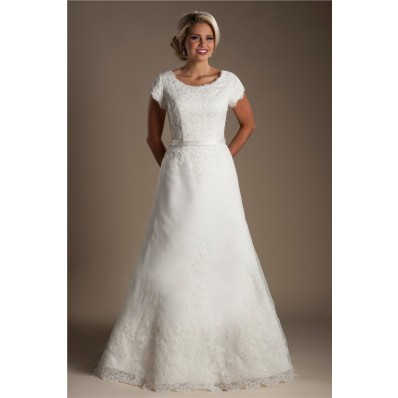 A Line Scoop Neck Cap Sleeve Tulle Lace Beaded Wedding Dress With Sash