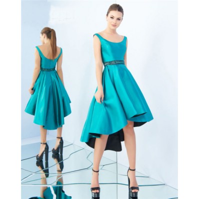 A Line Scoop Neck Jade Satin Beaded Belt High Low Party Prom Dress