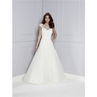 A Line Sheer Illusion Scoop Neck Cap Sleeve See Through Back Tulle Lace Wedding Dress