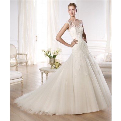 A Line Sheer Illusion Scoop Neckline Cap Sleeve Tulle Lace Wedding Dress