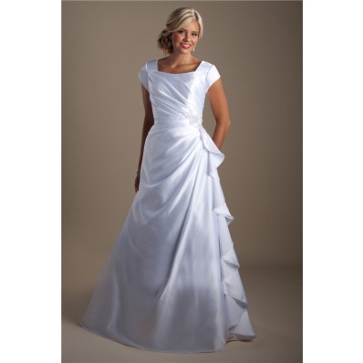 A Line Square Neck Ruched Satin Ruffle Modest Wedding Dress With Sleeves
