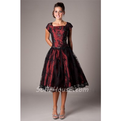 A Line Square Neck Tea Length Burgundy Satin Black Lace Modest Prom Dress