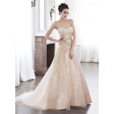 A Line Strapless Champagne Color Lace Applique Wedding Dress With Crystal Sash