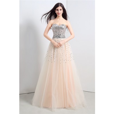 A Line Strapless Corset Back Long Champagne Tulle Sequin Beaded Prom Dress