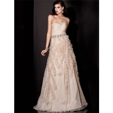 A Line Strapless Floor Length Nude Organza Evening Prom Dress With Flowers