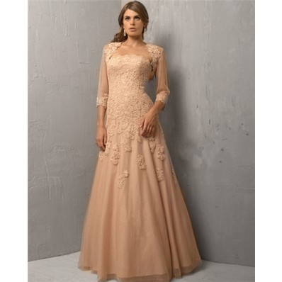A Line Strapless Long Champagne Tulle Lace Evening Dress With Bolero Jacket