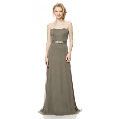 A Line Strapless Long Clay Chiffon Special Occasion Bridesmaid Dress Beaded Belt