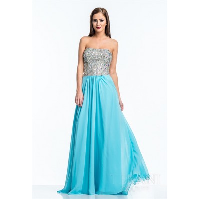 A Line Strapless Long Turquoise Chiffon Sequin Beaded Prom Dress