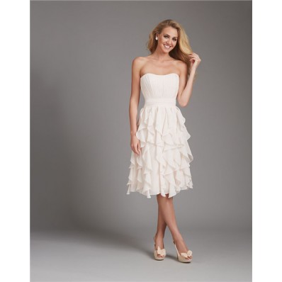 A Line Strapless Short Ivory Cream Chiffon Ruffle Wedding Guest Bridesmaid Dress