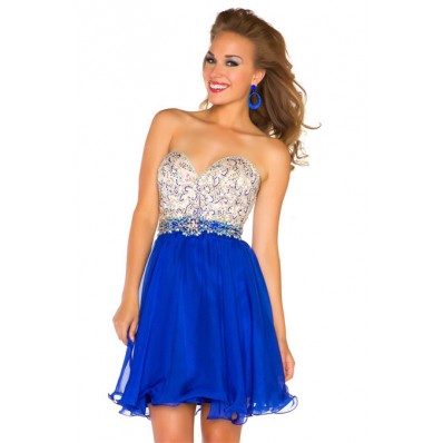 A Line Strapless Short Royal Blue Chiffon Beading Homecoming Cocktail Party Dress
