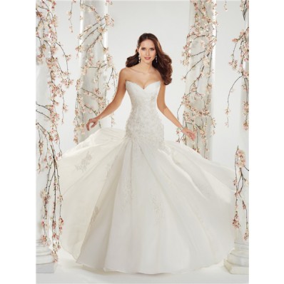 A Line Strapless Sweetheart Corset Back Draped Organza Lace Beaded Wedding Dress
