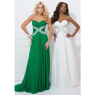 A Line Strapless Sweetheart Emerald Green Chiffon Beaded Long Homecoming Prom Dress